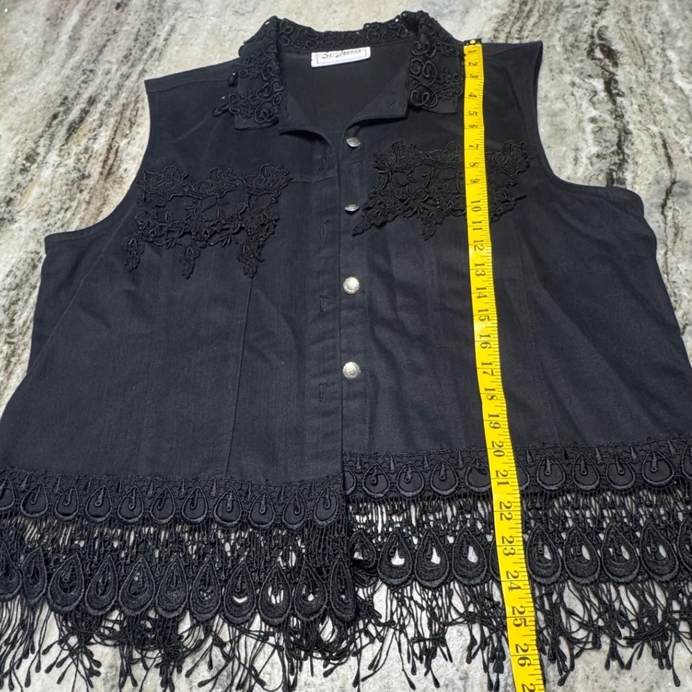 St. Joanne Lace Embroidered  Vest Womens XL Black Fringe Sleeveless Button Down - Picture 4 of 7